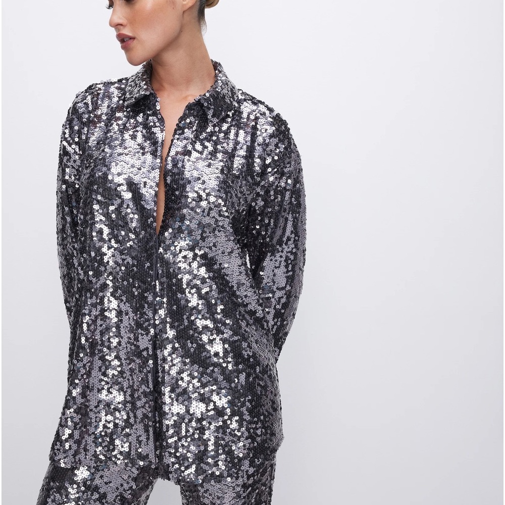 NWT Good American Sequin Button Down Shirt